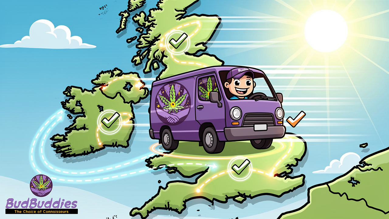 Cartoon delivery van with tracking across UK map showing coverage