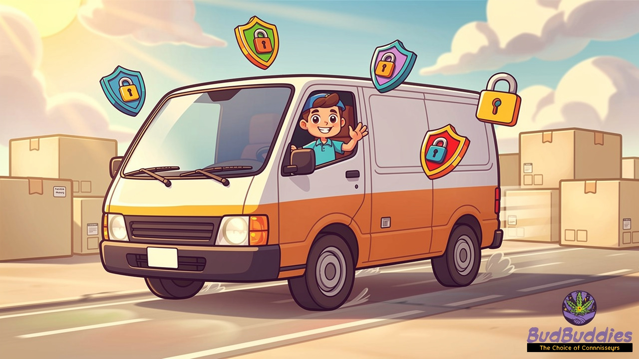 Cartoon delivery van with friendly driver and secure packaging