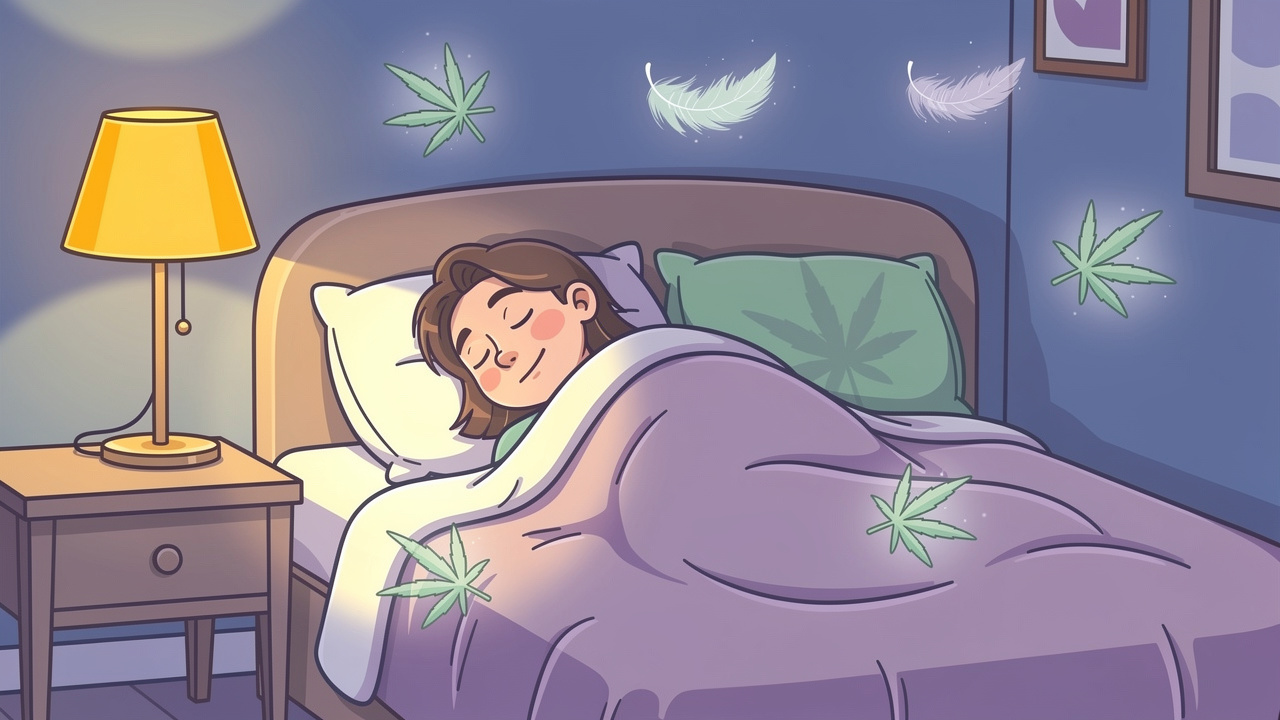 Cartoon person sleeping peacefully with cannabis leaves aiding fibromyalgia relief