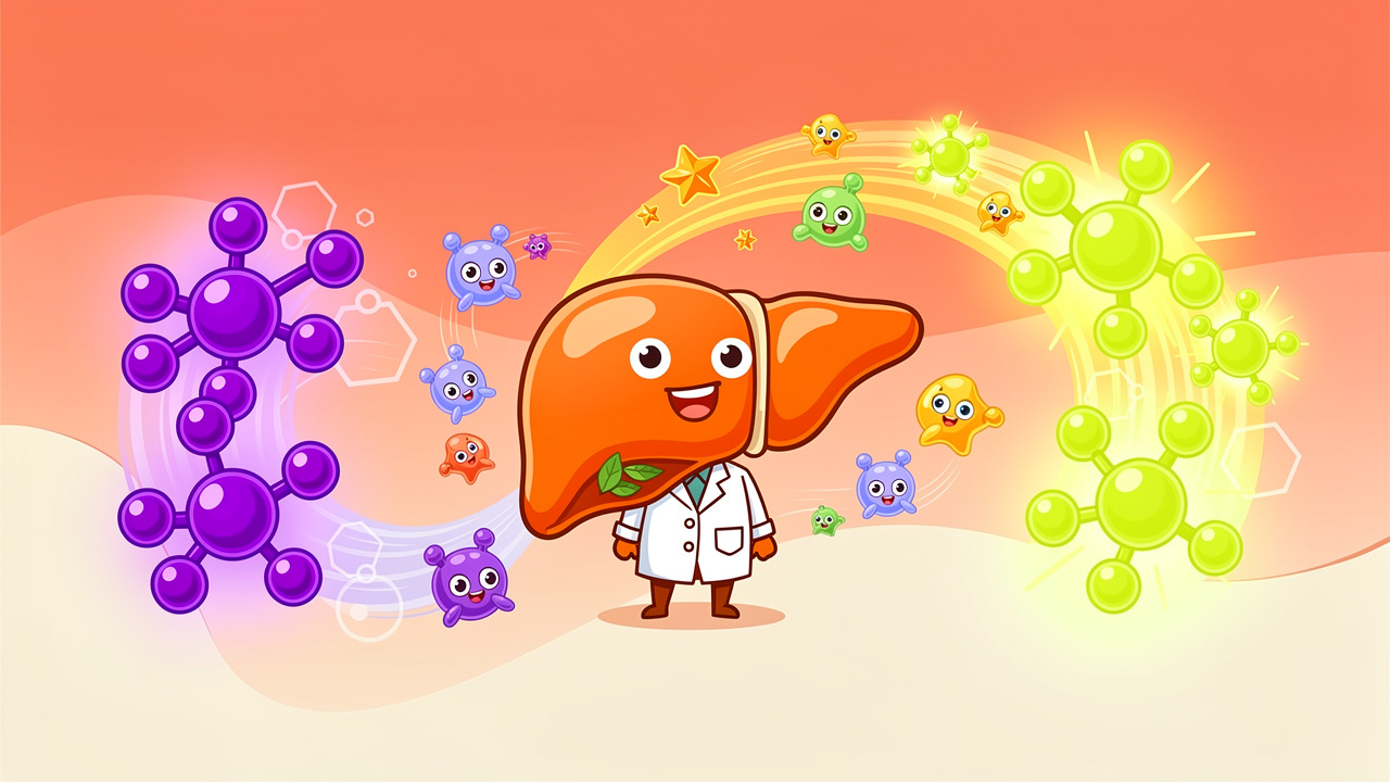 Friendly cartoon liver converting THC molecules with enzyme characters