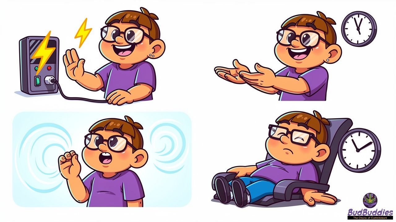 Four cartoon steps showing how to use vape device safely