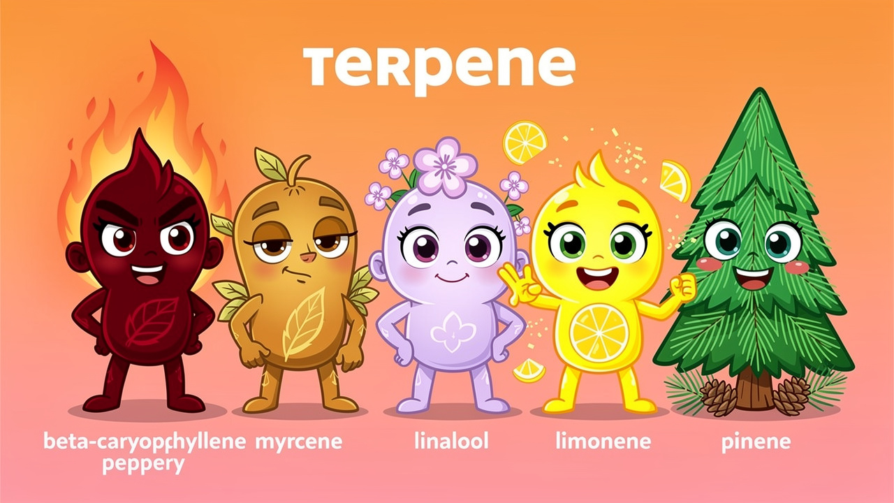 Five friendly cartoon terpene characters for pain relief