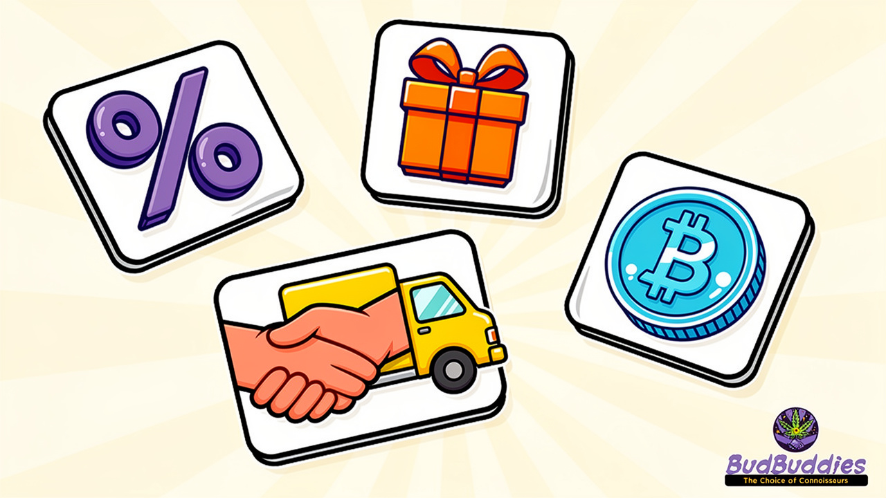 Cartoon icons representing different types of cannabis brand promotions