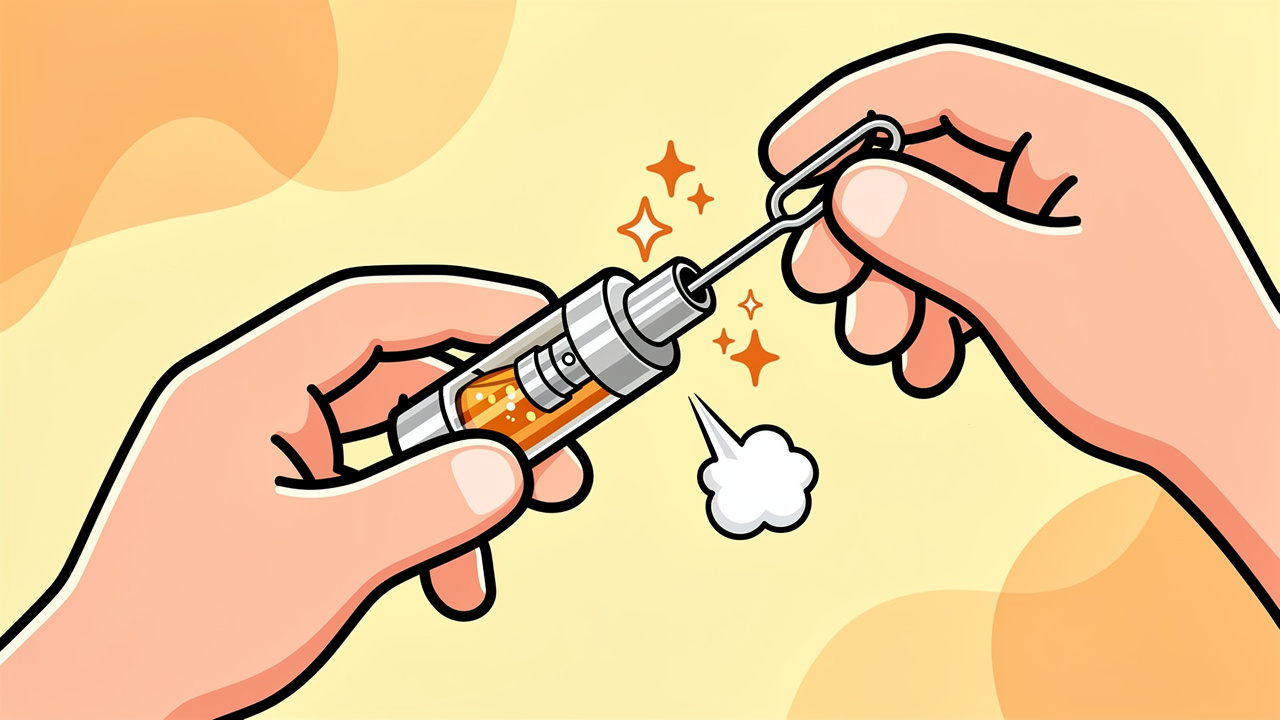 Cartoon hands gently clearing a blocked vape cartridge mouthpiece