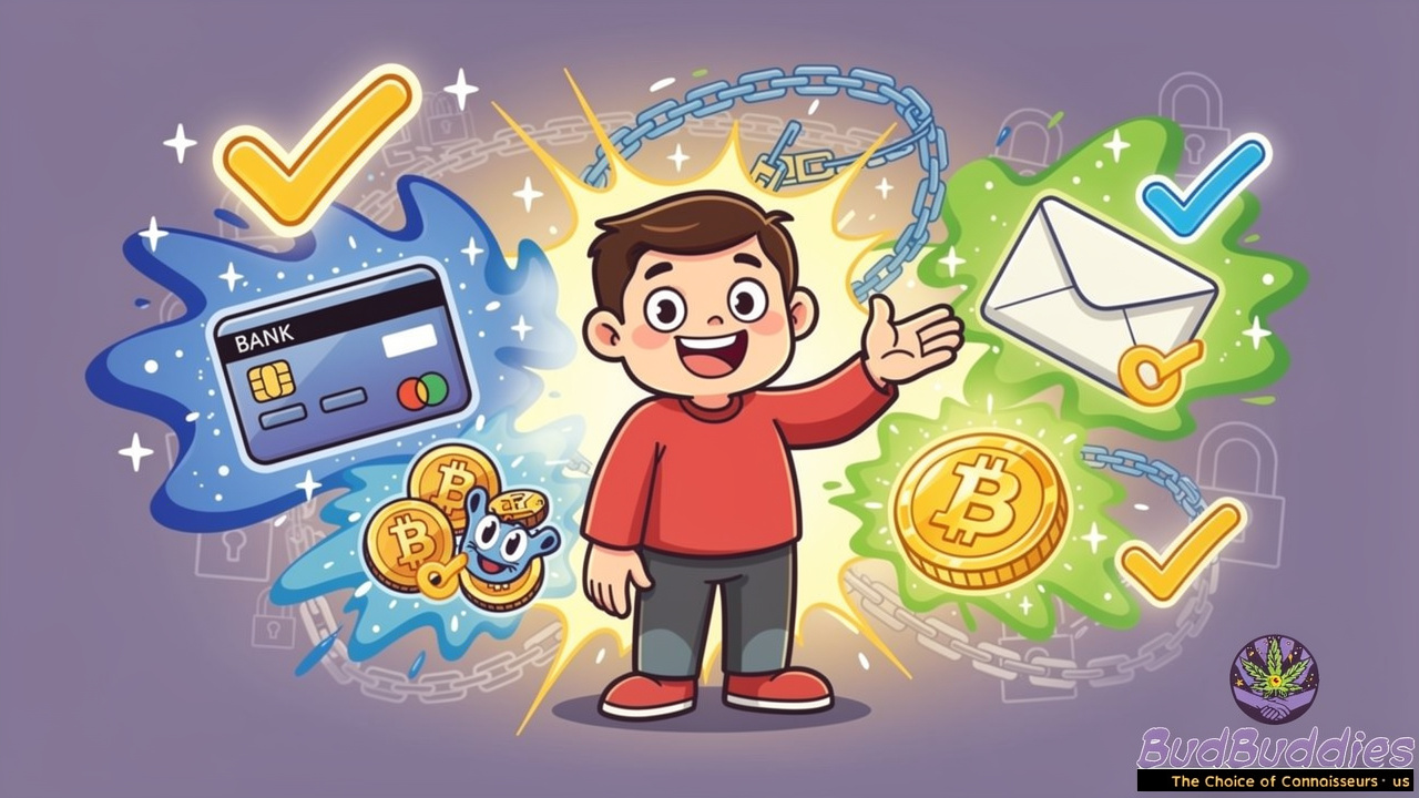 Cartoon illustration of multiple payment methods including cryptocurrency options