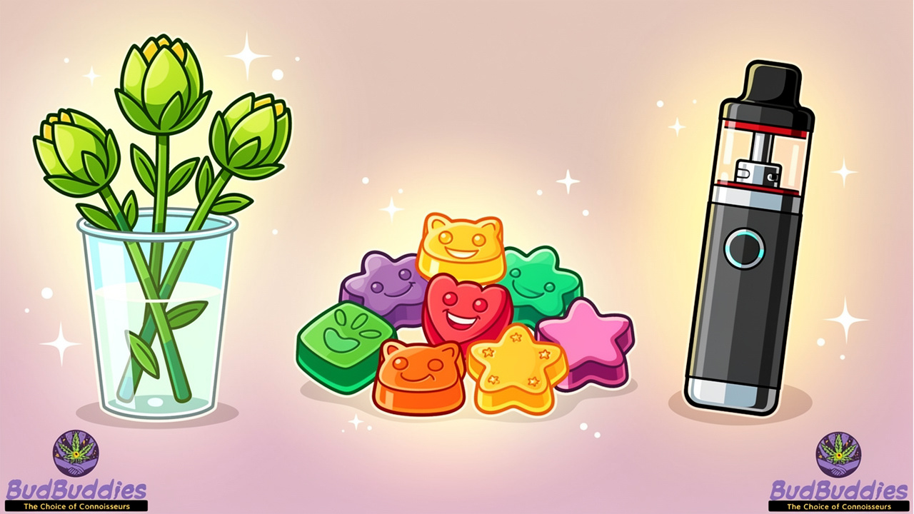 Three cannabis product formats: flower, edibles, and vapes illustrated