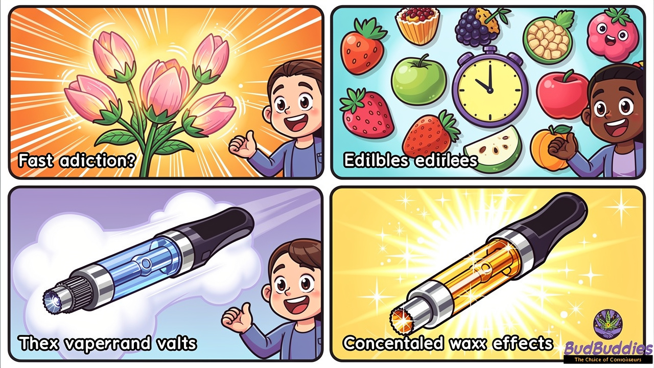 Four cartoon product formats showing flower, edibles, vapes, and concentrates with effect indicators