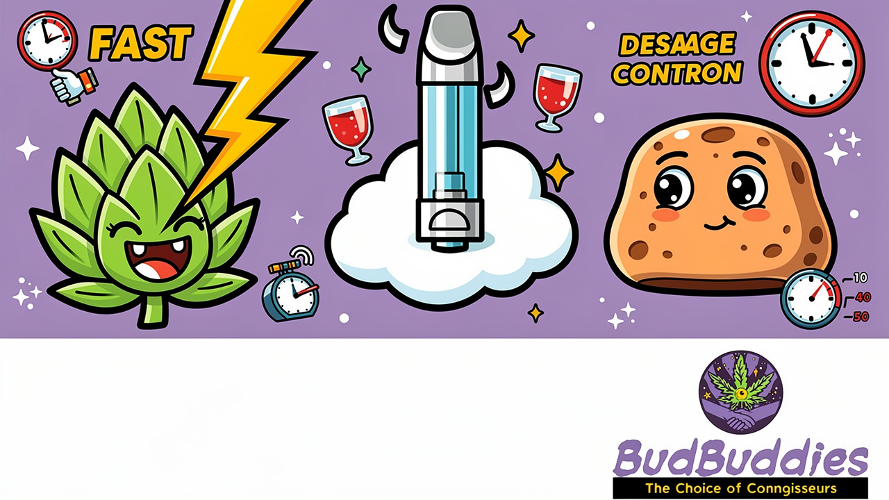 Cartoon characters comparing flower, vape, and edible consumption methods