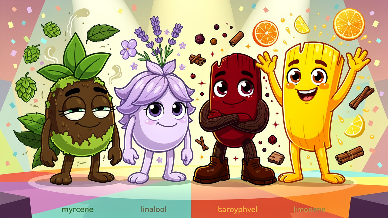 Four cartoon terpene characters representing myrcene linalool caryophyllene limonene