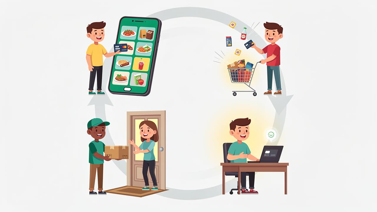 Cartoon showing four steps to order cannabis delivery online
