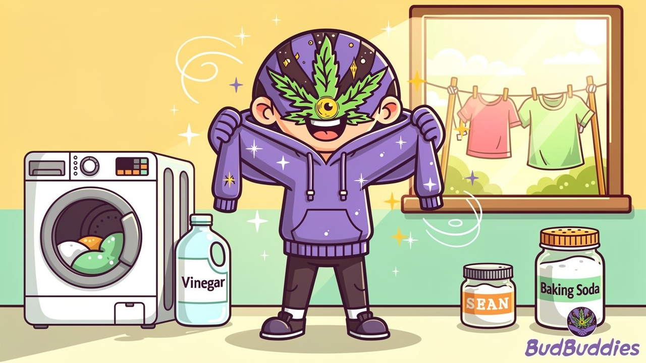 Cartoon character celebrating fresh odour-free clean clothes
