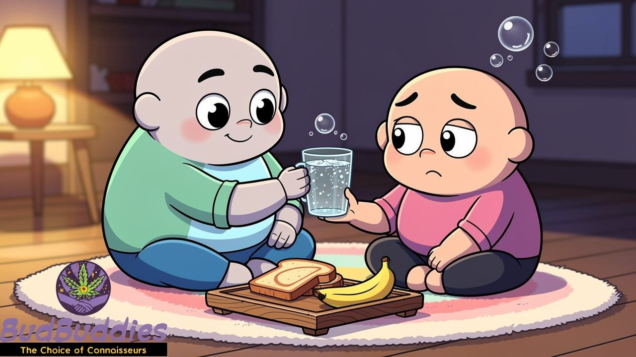 Cartoon friend offering water and snacks to comfort someone