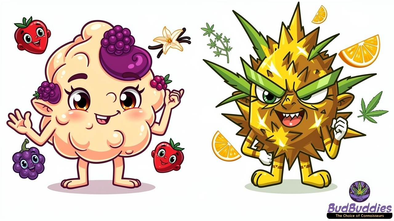 Cartoon buds showing sweet creamy Gelato versus zesty citrus Amnesia flavours
