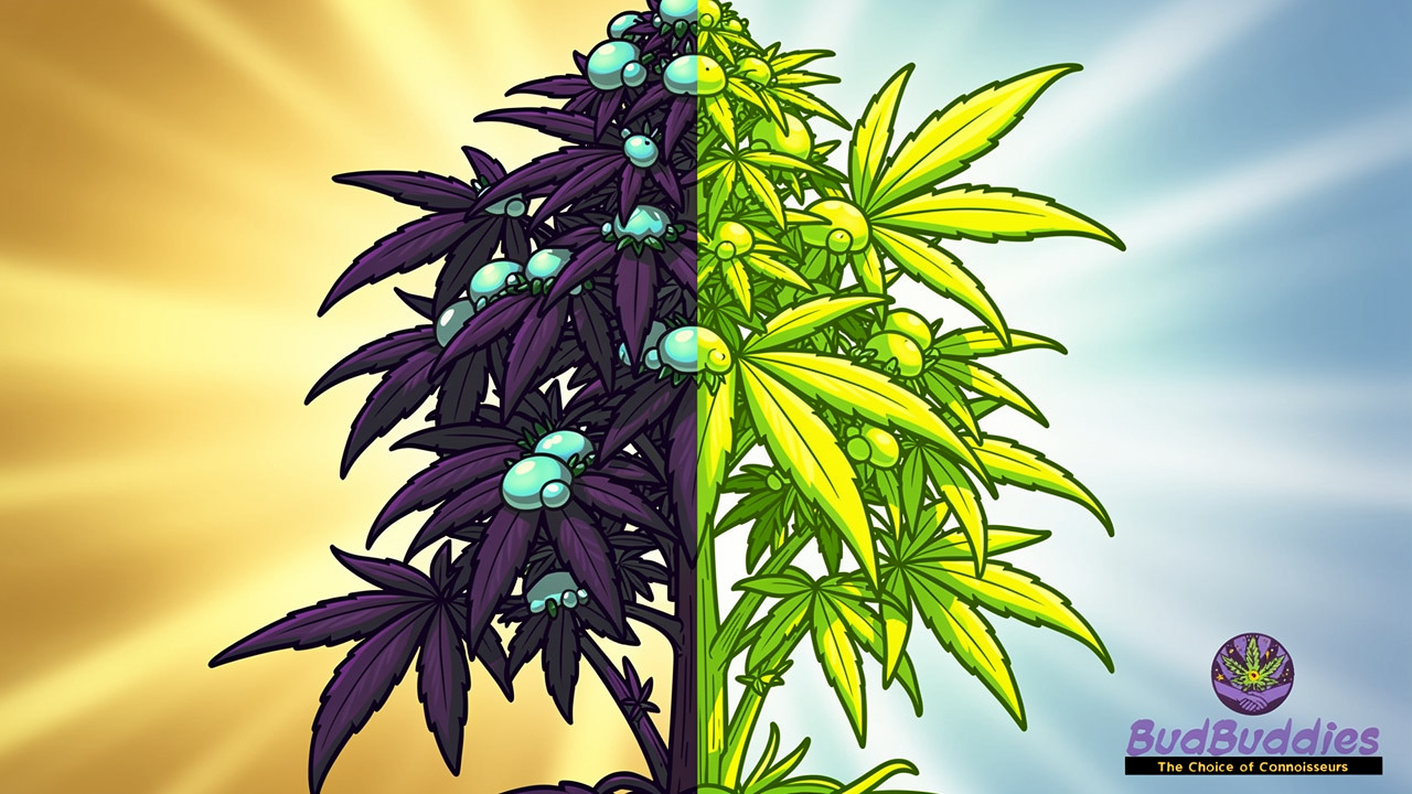Cartoon plant showing Indica relaxation versus Sativa energy differences