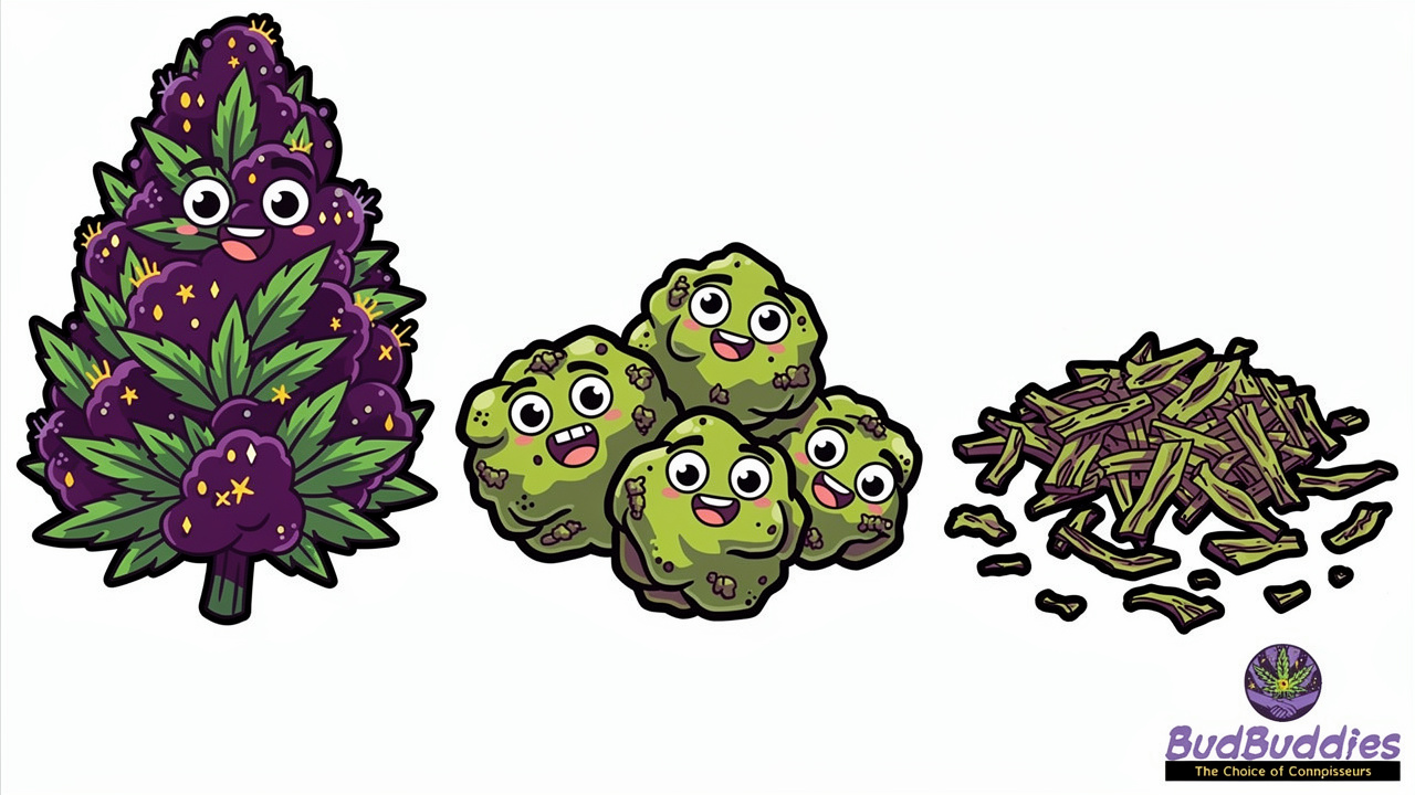 Cartoon showing premium flower, popcorn nugs and trim Gelato formats