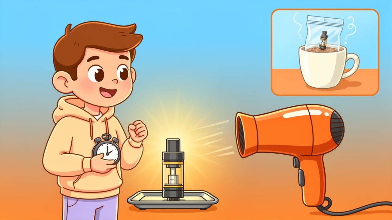 Cartoon showing gentle heat methods for stubborn vape cart clogs