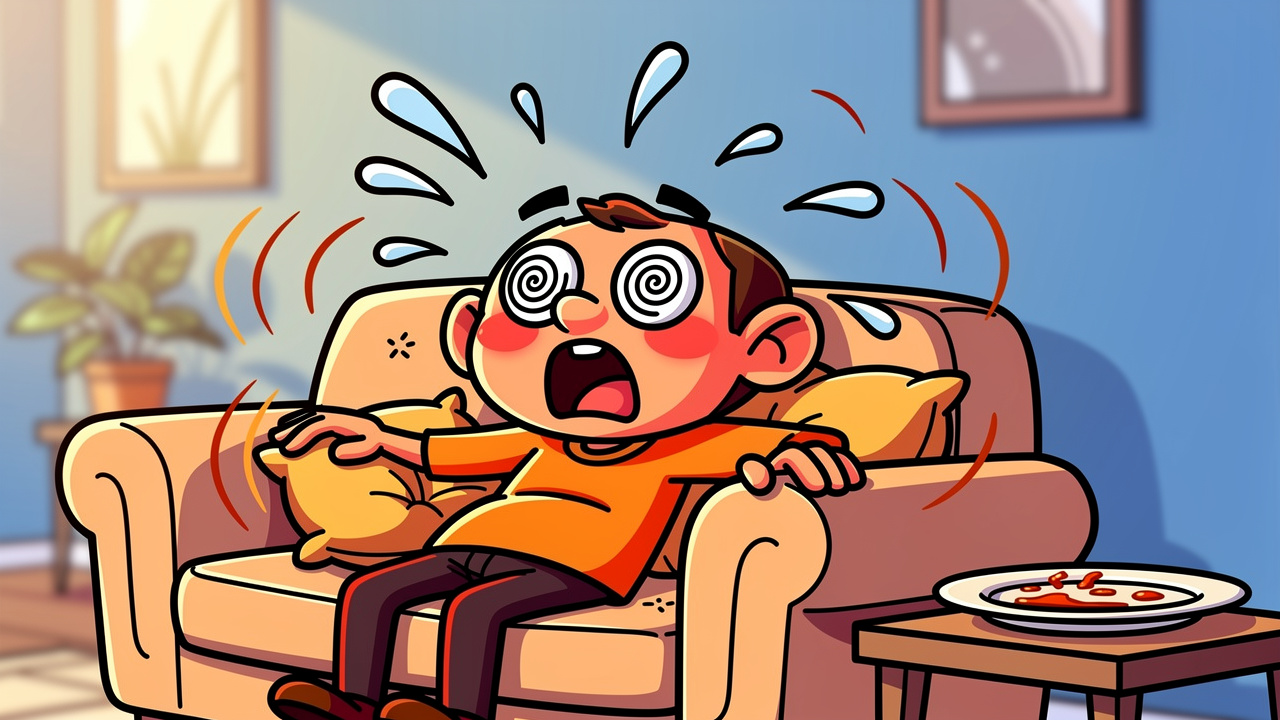 Cartoon character experiencing overwhelming effects from edibles
