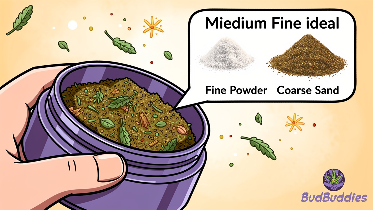 Cartoon illustration of grinding cannabis to medium-coarse consistency