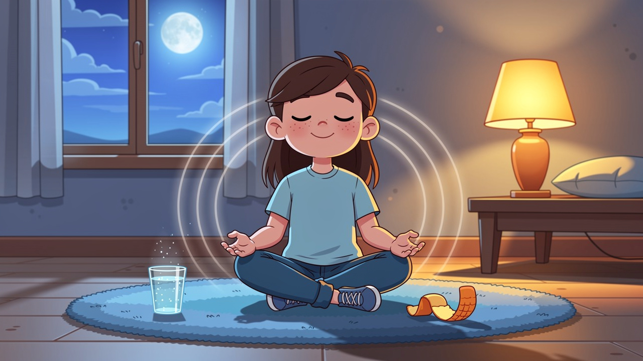 Cartoon person using calm breathing and grounding techniques