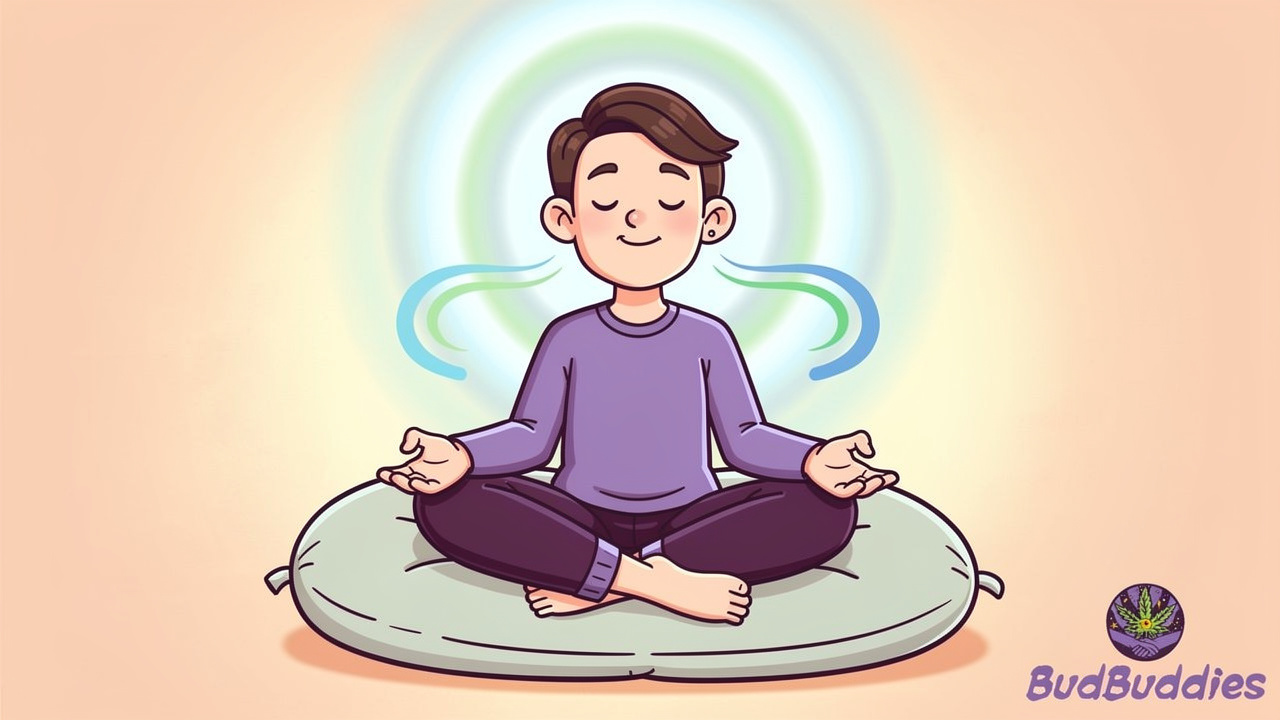 Animated character demonstrating relaxed breathing and grounding techniques