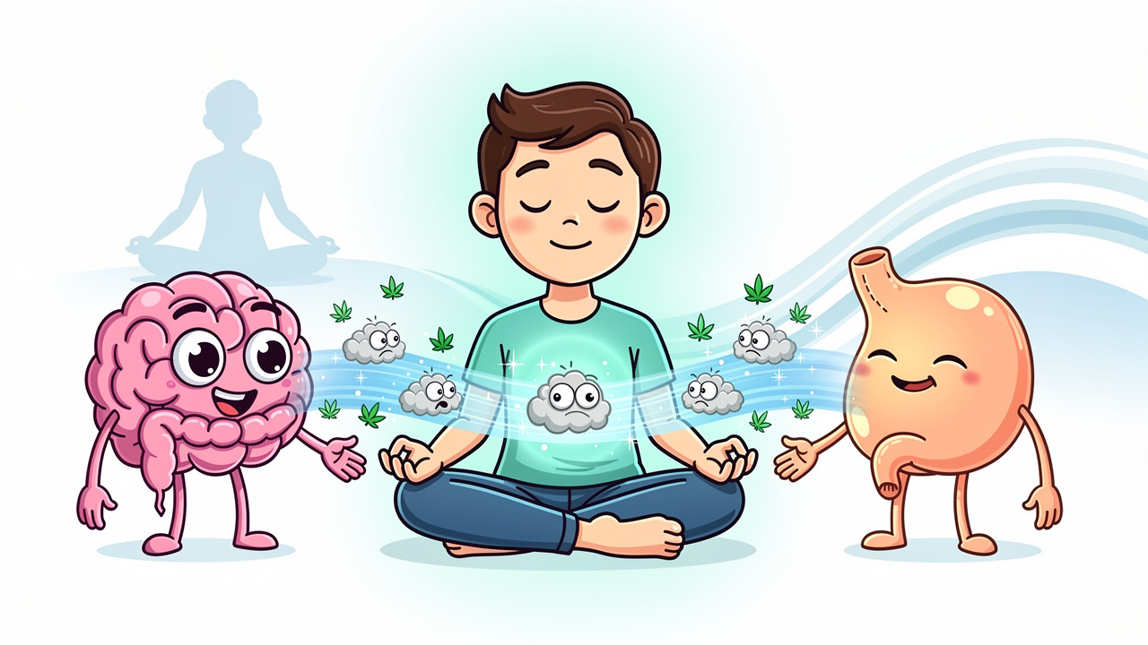 Cartoon of gut-brain connection calmed by CBD for IBS