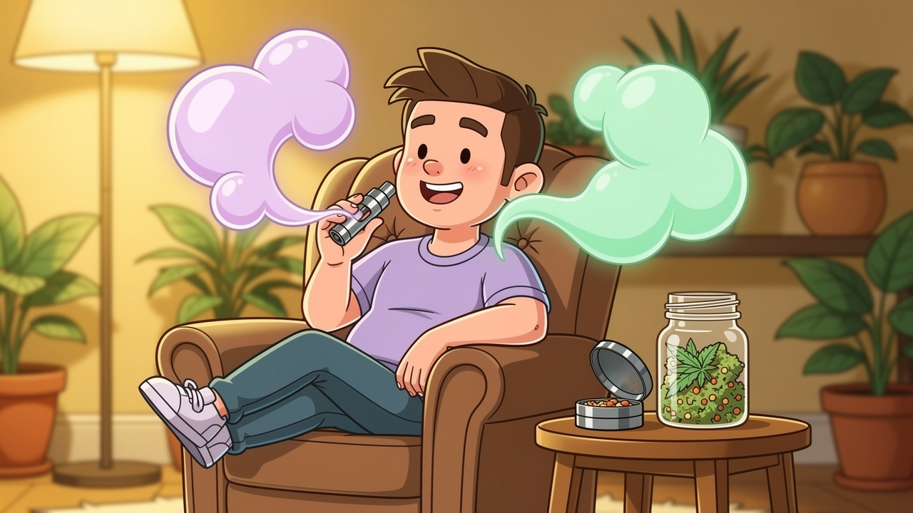 Cartoon character enjoying a relaxed dry herb vaping session