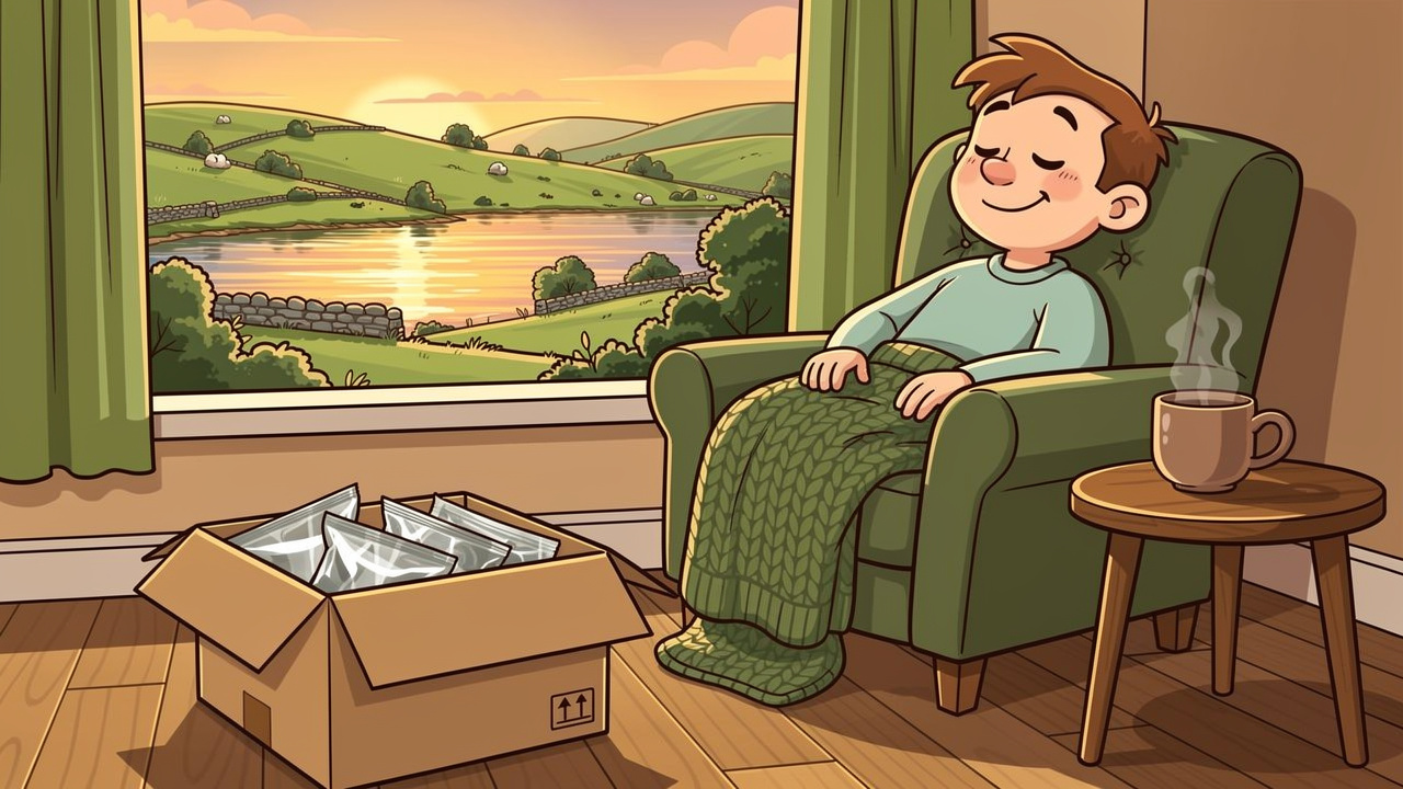 Cartoon character relaxing after receiving cannabis delivery Enniskillen
