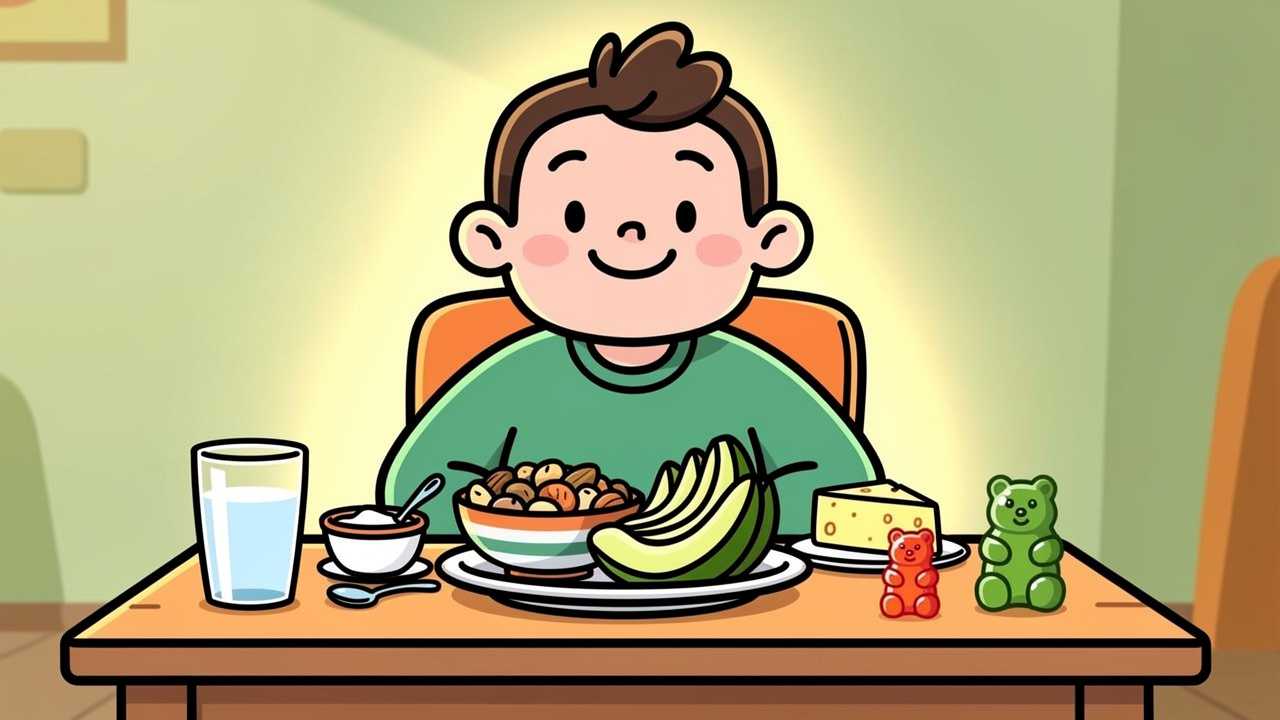 Cartoon character eating healthy fats before taking an edible
