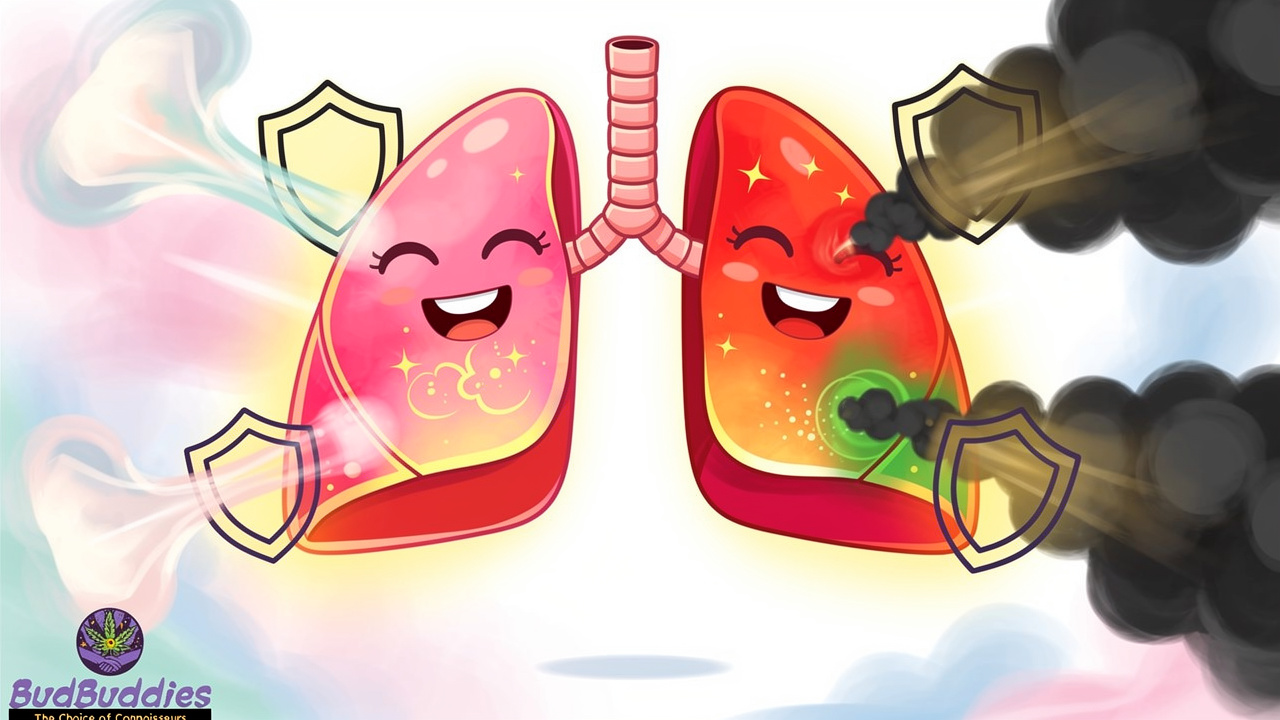 Animated healthy lungs character protected from smoke with glowing shields