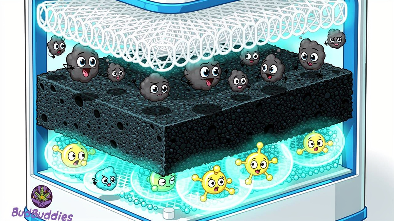 Cartoon cutaway of HEPA and carbon filter layers in air purifier