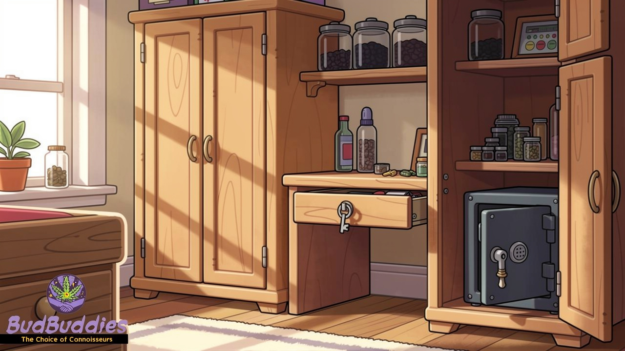 Cartoon illustration of safe cannabis storage locations in home