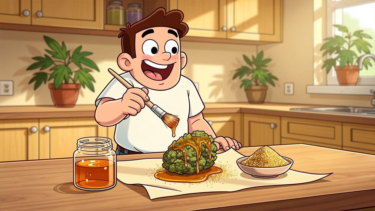 Cartoon character making homemade moon rocks in cosy kitchen