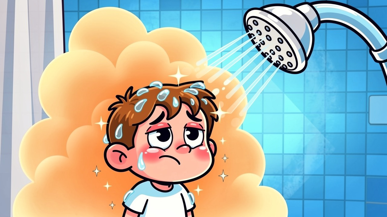 Cartoon character finding relief from CHS in a hot shower