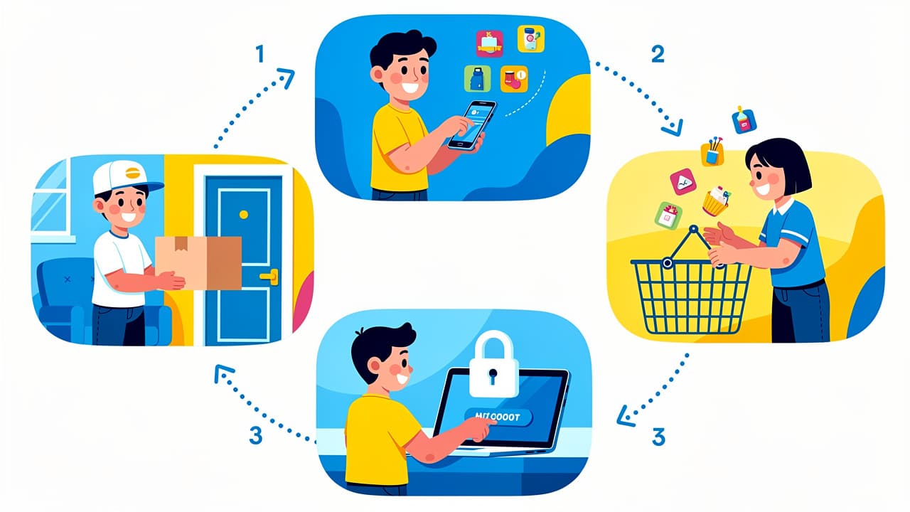 Cartoon showing four easy steps to order cannabis delivery