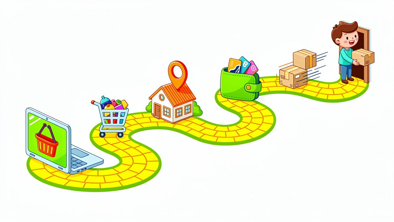Cartoon step by step cannabis delivery ordering process illustration