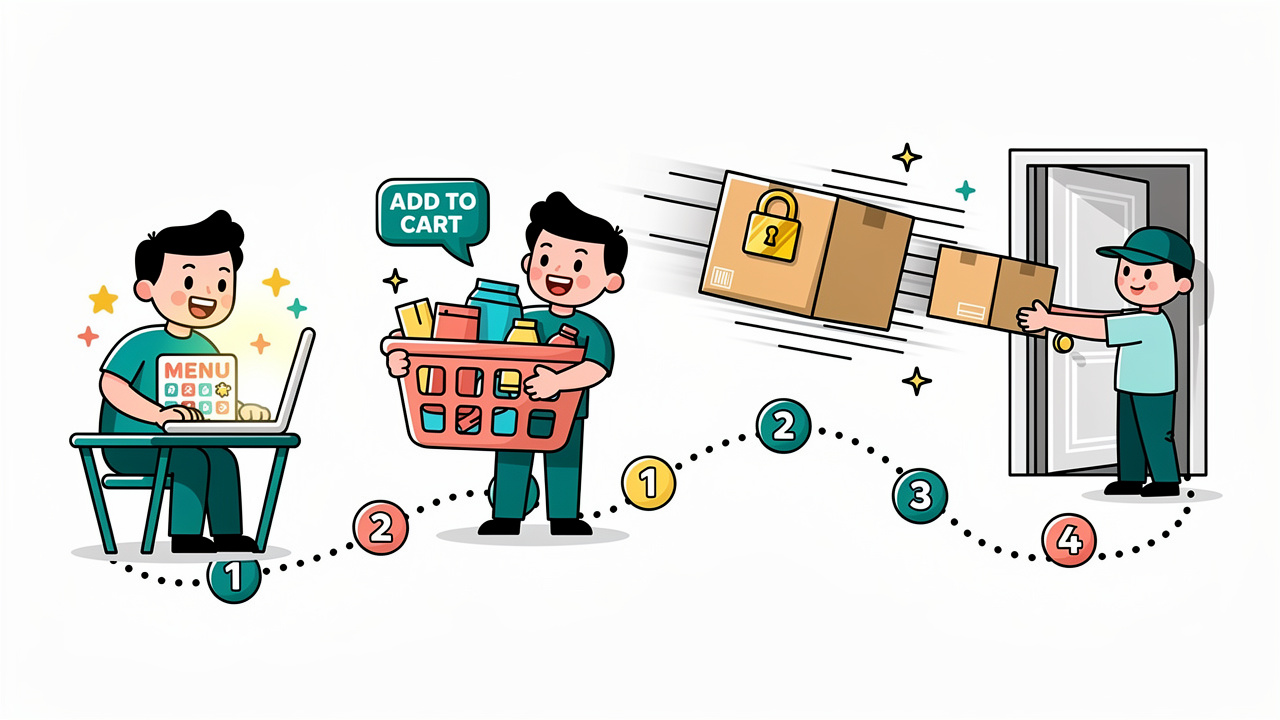 Cartoon step by step guide to ordering cannabis discreetly in Newtownabbey
