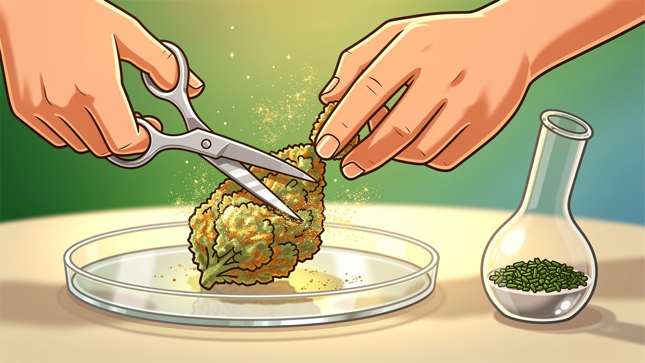 Cartoon hands carefully cutting moon rock cannabis with scissors