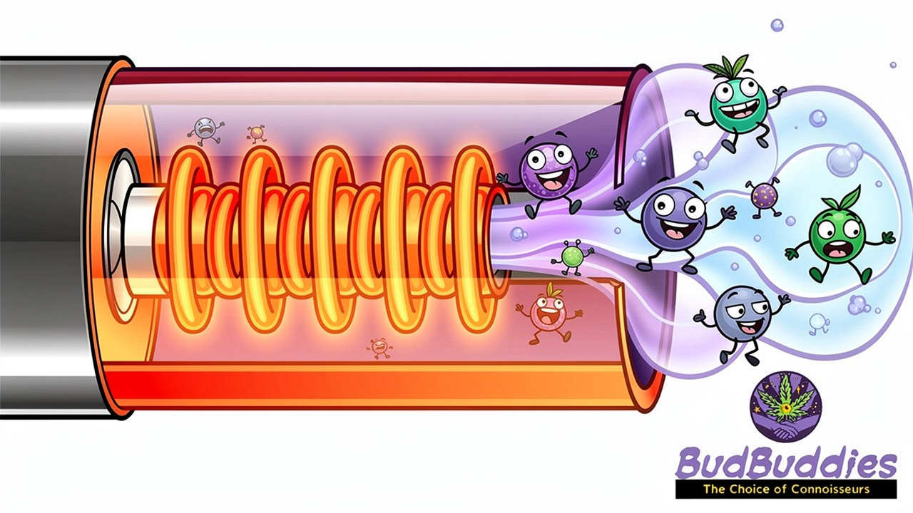 Cartoon cross-section of vape heating mechanism releasing colourful vapour