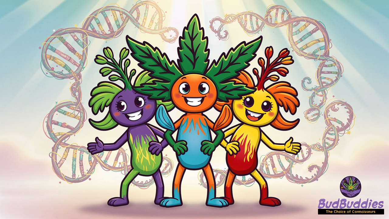 Three friendly hybrid plant characters showing genetic blending