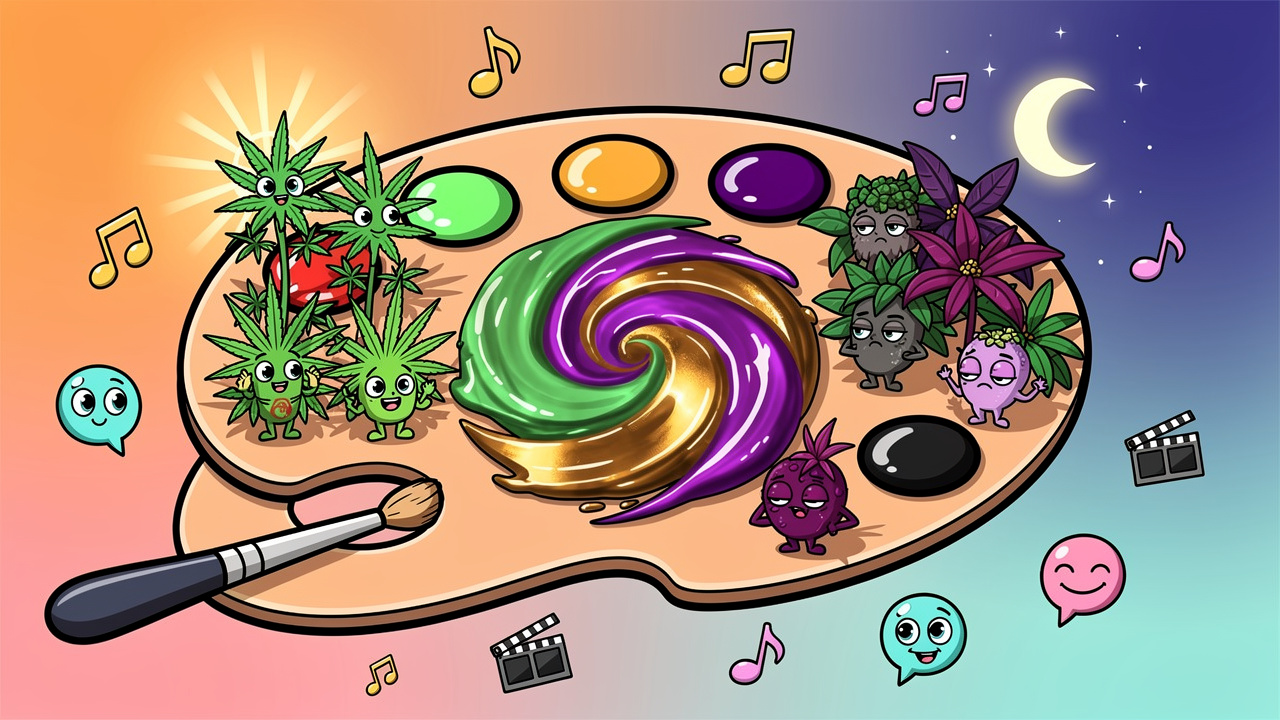 Cartoon hybrid cannabis blend mixing sativa and indica traits