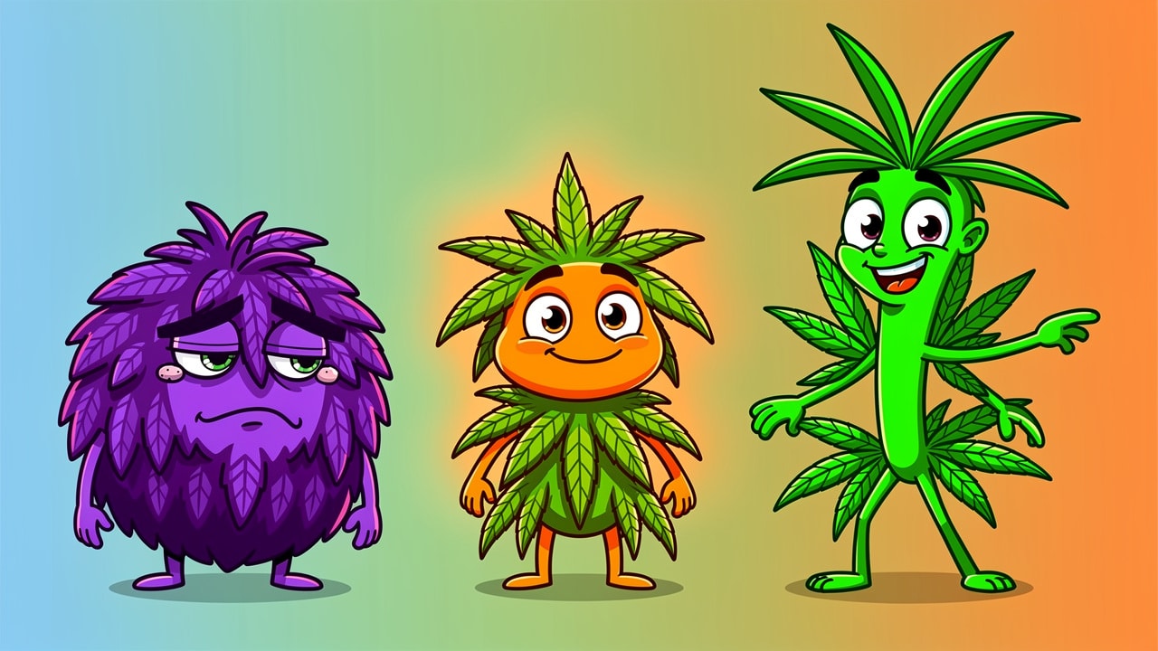 Cartoon comparison of Indica, Sativa, and hybrid cannabis strains