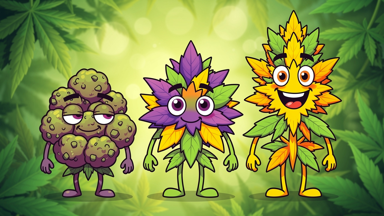Cartoon characters representing indica sativa and hybrid cannabis strains