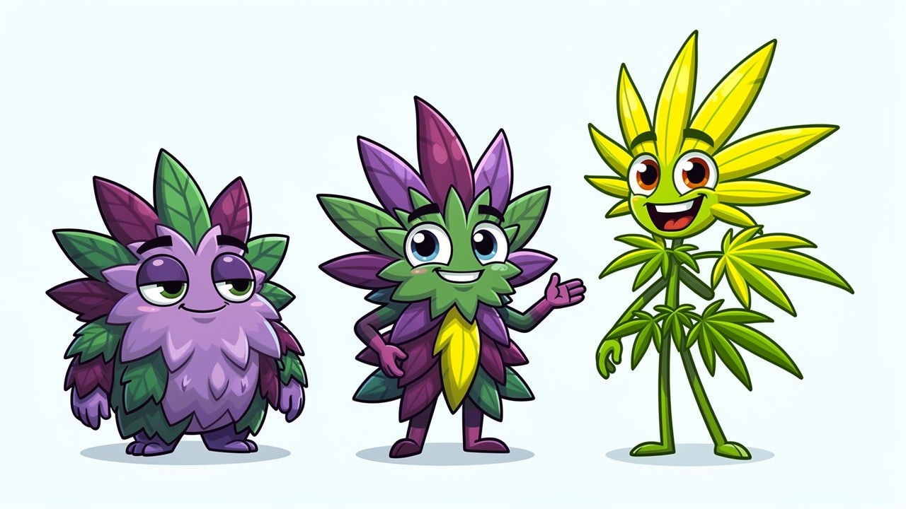 Cartoon plant characters showing Indica Sativa and Hybrid strains