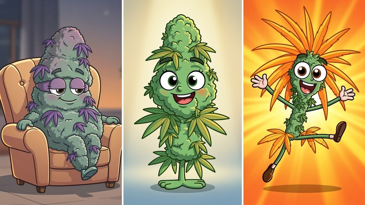 Cartoon characters representing indica sativa and hybrid cannabis strains