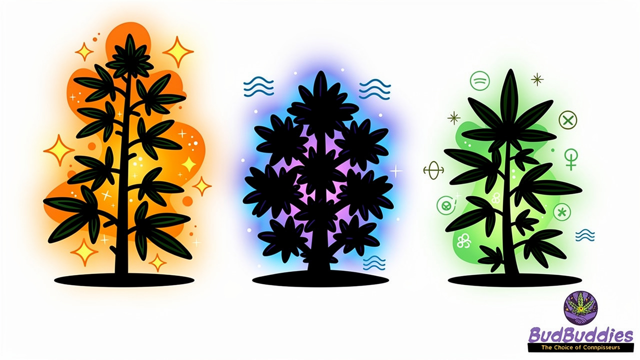 Three cartoon cannabis strain types showing different effects visually