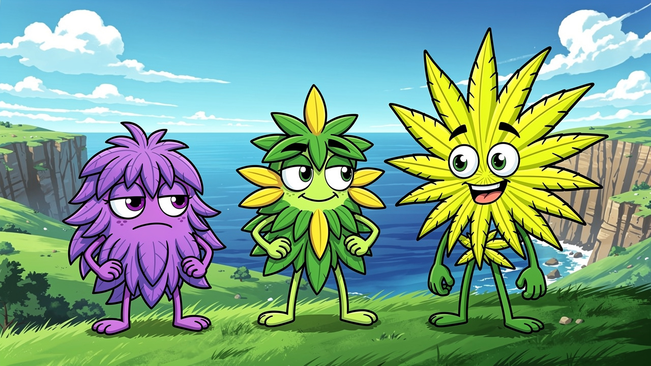 Cartoon plant characters representing Indica, Hybrid, and Sativa strains