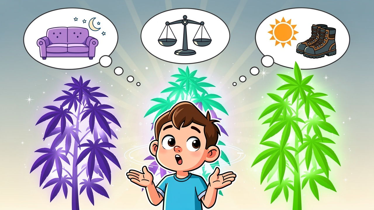 Cartoon illustration comparing Indica Sativa and Hybrid cannabis strain effects