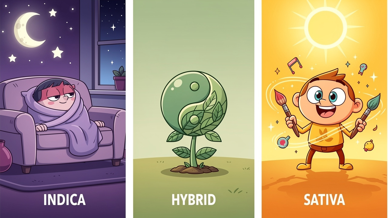 Cartoon comparison of indica sativa and hybrid cannabis strains