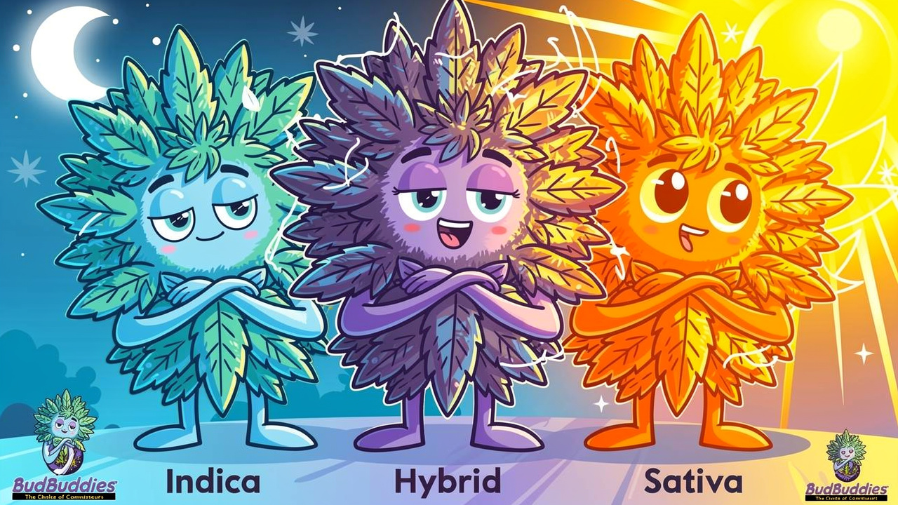Cartoon characters representing Indica, Sativa and Hybrid cannabis strains