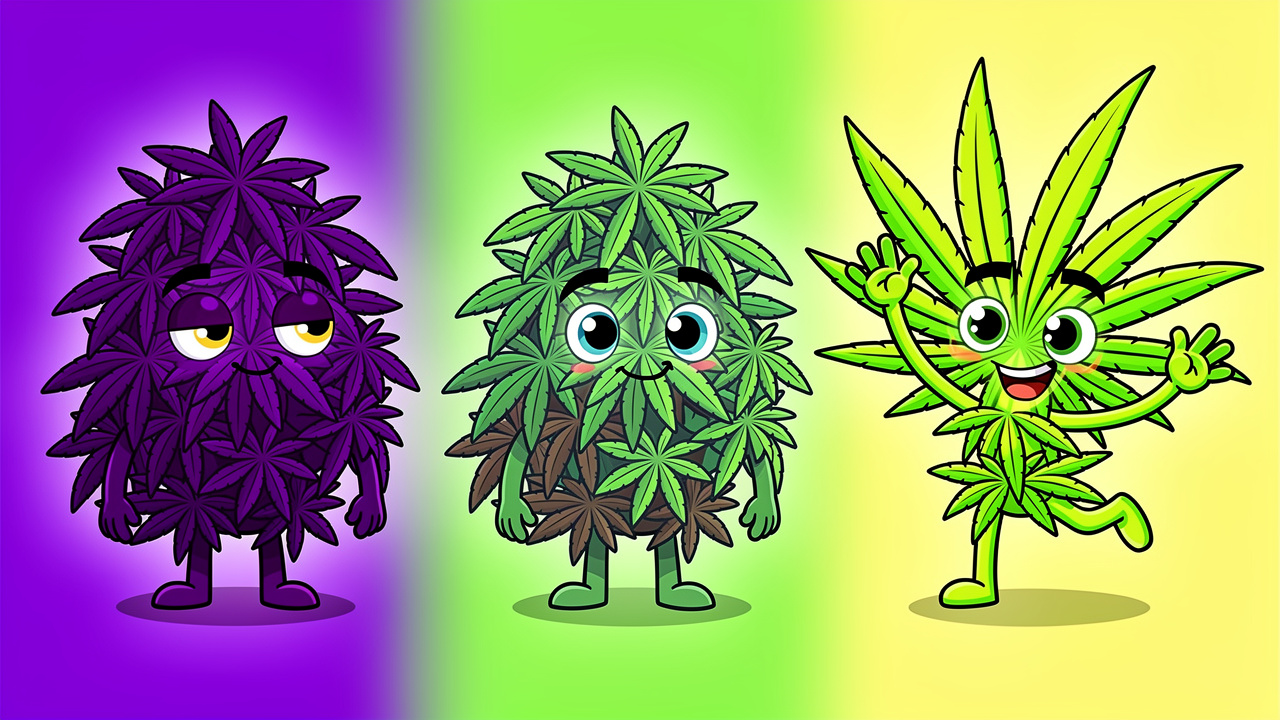 Cartoon showing Indica, Sativa, and Hybrid cannabis types
